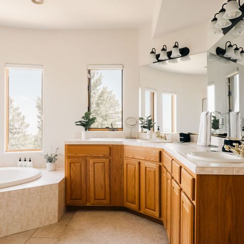 Primary bedroom's private full ensuite bathroom with dual vanities