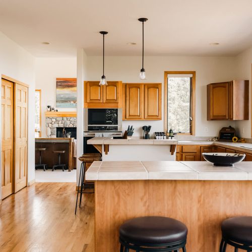 Bar-style seating at the kitchen island