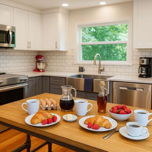 Prep a full breakfast or serve up snacks. Simple layout that should fit all your needs.