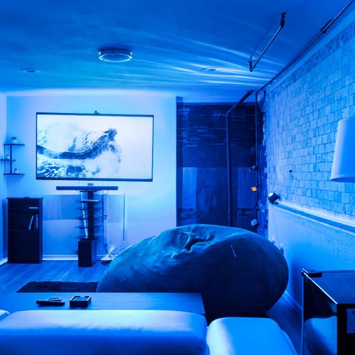 Basement living area with LED and strobe lights