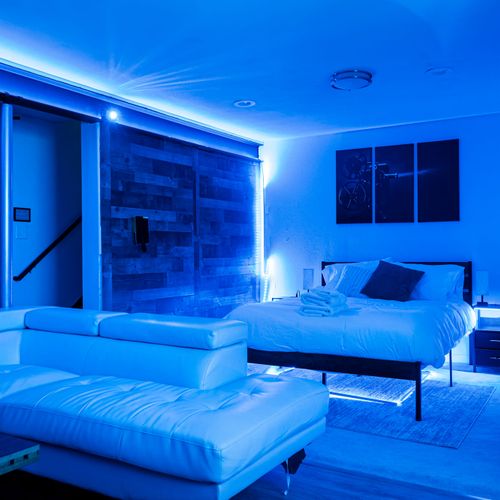 Basement living area and queen bed