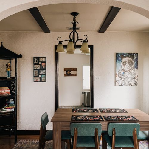 Looking from the living room into the dining area and kitchen