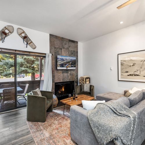 Living area with patio access, flat-screen TV, and sleeper sofa (the wood-burning fireplace is not an advertised amenity)