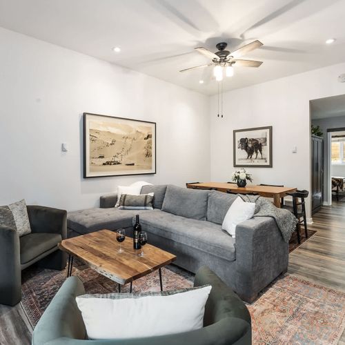 Living area with full-size sleeper sofa and dining area