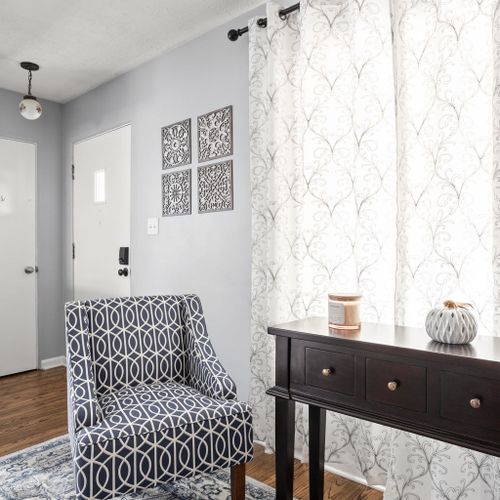 Sitting area with modern and warm decor.