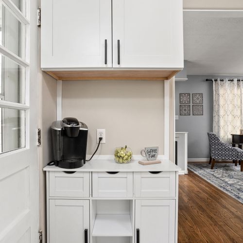 With a keurig, coffee, sugar, and creamer you do not have to leave for your coffee fix!