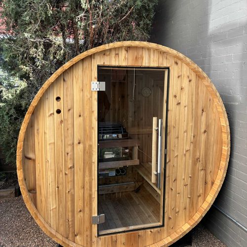 Backyard barrel sauna