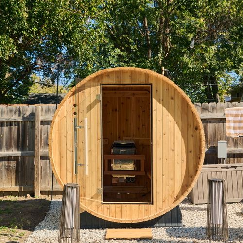 The ultimate backyard indulgence — a cozy wood sauna for two.