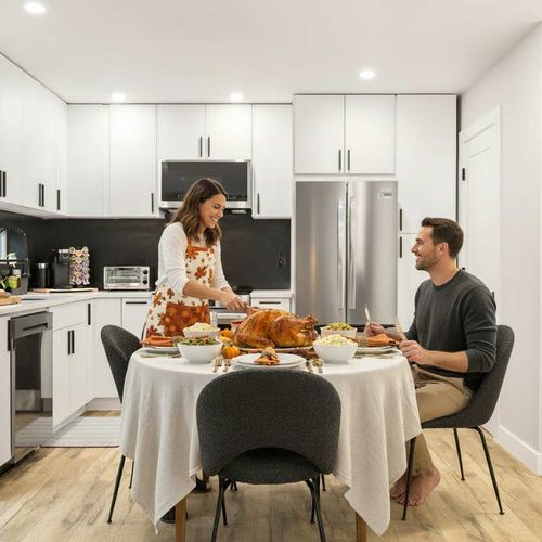 Plenty of space and kitchen equipment to cook your full Thanksgiving meal.

Holiday inspiration rendering – decor shown is AI-generated to capture the spirit of the season. The property is not currently decorated for Thanksgiving.