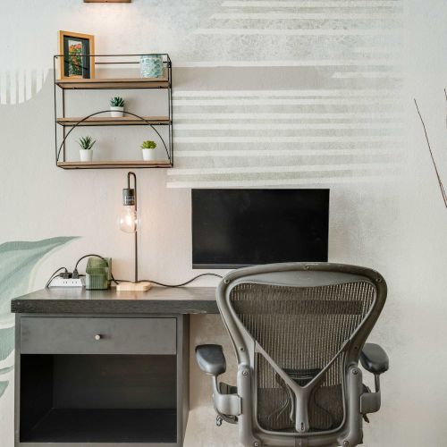 PC, desk and office chair. plants.