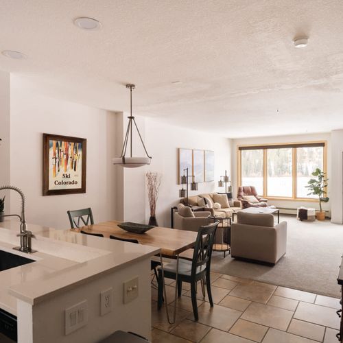 Kitchen, dining, and living areas