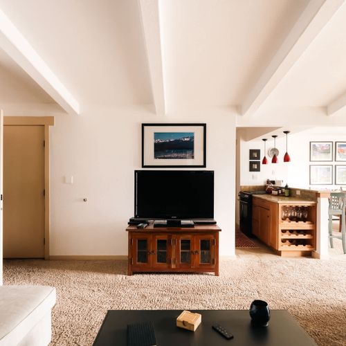 Living room with electric fireplace and TV