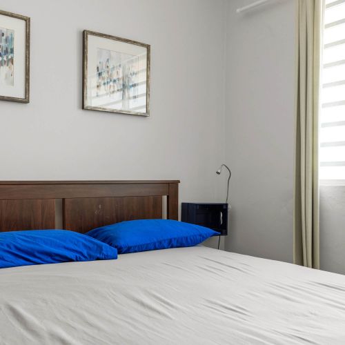 Bed against white shuttered window