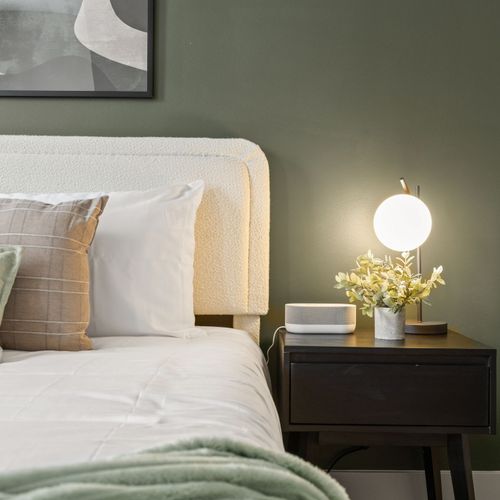 Golden hour vibes, even at bedtime. Cozy lighting and a mirror check before you hit the town.