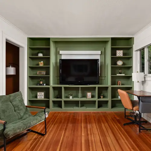 Built-ins, desk space, and a TV wall with actual personality