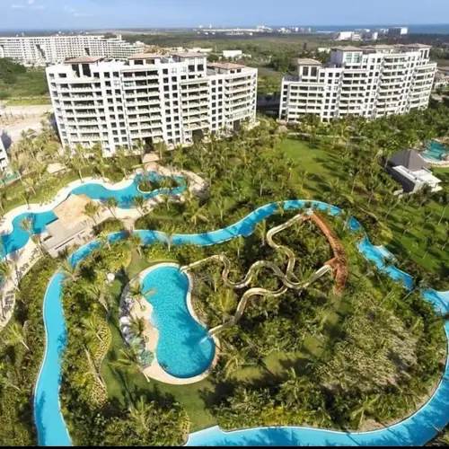 Aerial view of the resort, its pools and lazy river