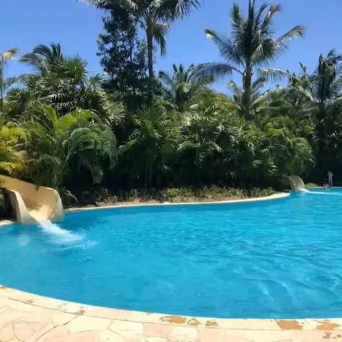 Pool with water slide surrounded by palms