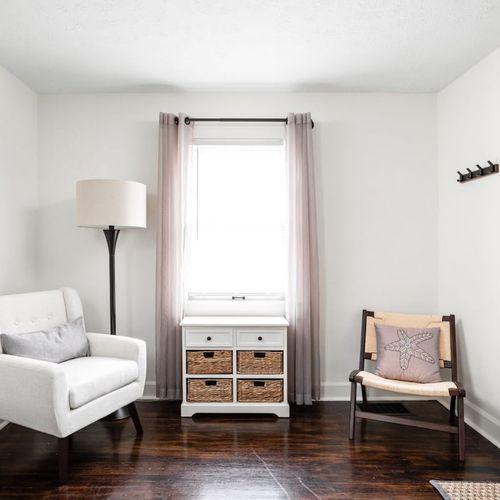 Seating Nook: Bright, airy retreat with stylish seating and storage for your travels!