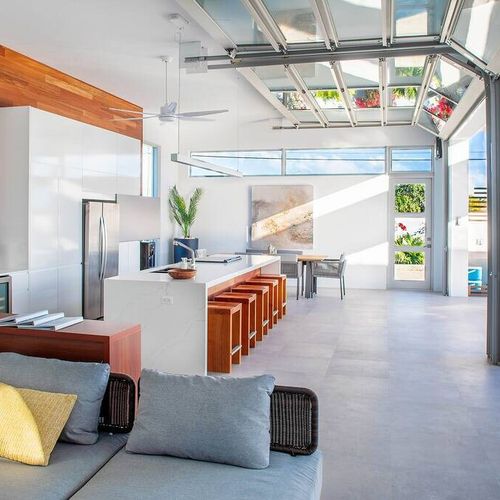 Optimal Indoor-outdoor living... when the 2 15-foot garage doors are open.