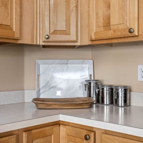 Our kitchen is ready for action, complete with essential utensils for your cooking pleasure.