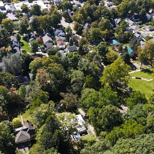 EXTERIOR:  Looking out from above the house towards downtown Frankfort and Betsie Bay.