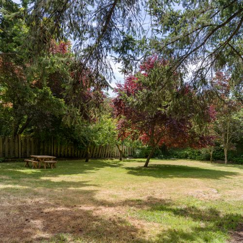 Enjoy a large open lawn with mature trees.