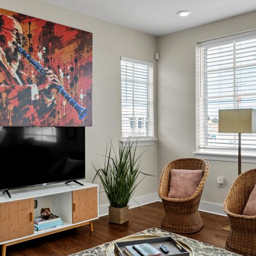 Vivid wall art above the entertainment corner