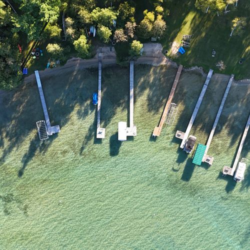 OVERVIEW:  Another aerial view of the private dock and beach.  (Boat usgae is not included with the rental.)