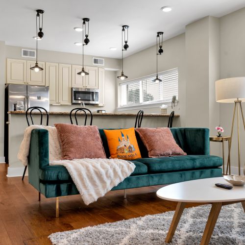 Lounge on velvet with the kitchen steps away