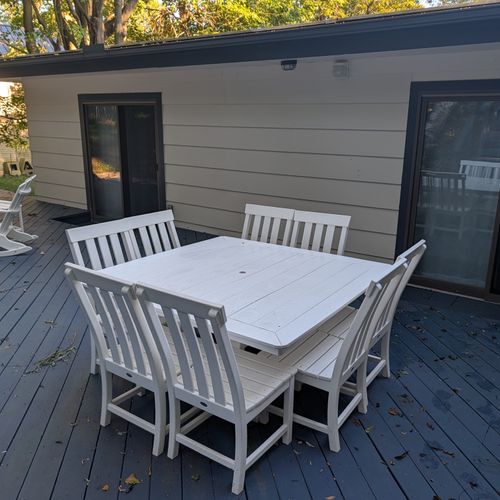 EXTERIOR:  The outdoor dining table on the deck at The Birches by the Lake