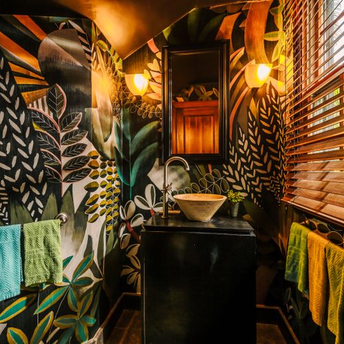 Stylish master bathroom with elegant coastal decor and modern finishes at a luxury Playa Langosta vacation rental in Tamarindo, Costa Rica. Relaxing spa style space designed for premium beach vacations, extended stays, and tropical living.