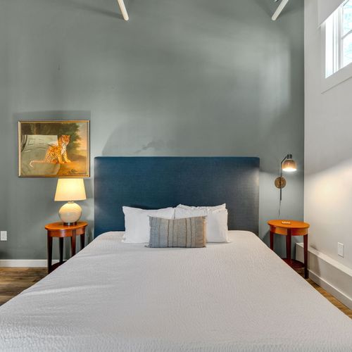 Slate blue retreat with golden lamplight