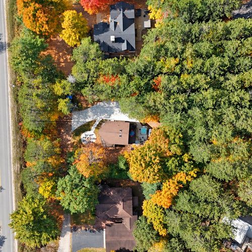 EXTERIOR:  Another aerial photo from directly above the chalet looking down.