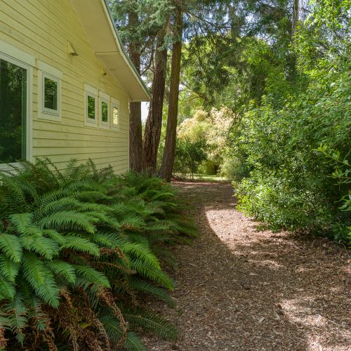 A peaceful garden path winds through lush greenery, adding to the cottage's quiet, natural setting and inviting you to explore the surrounding landscape.