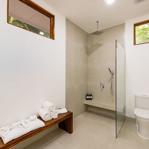 Modern walk-in rainfall shower — frameless glass, in-shower bench, live-edge teak bench for robes.