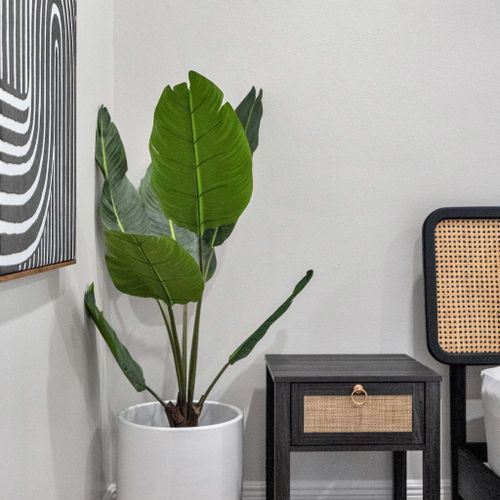 Leafy greenery & a rattan nightstand bring a relaxed, tropical vibe