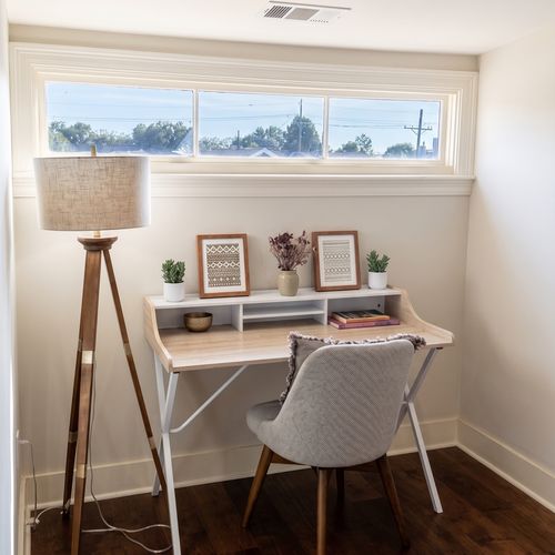 Sunlit workspace with a garden view