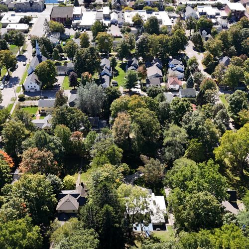 EXTERIOR:  Looking out from above the house towards downtown Frankfor, Betsie Bay, and the dunes of Elberta.