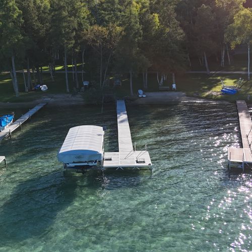 OVERVIEW:  Aerial view of the private dock and beach at the left of the photo.  (Boat usage is not included with the rental.)