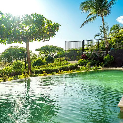 Beachfront infinity pool with lounge access and tropical landscaping at Horizontes Del Mar, Playa Langosta, Tamarindo