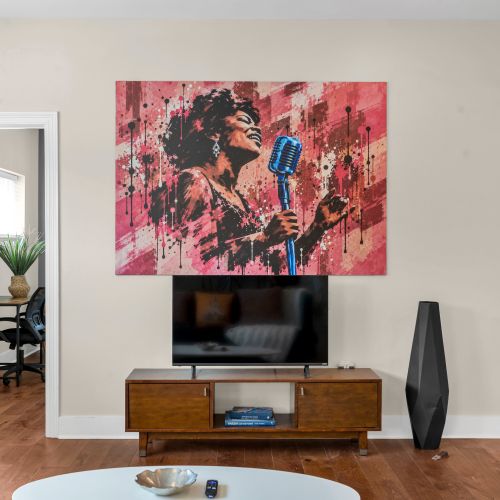 Smart TV under bold New Orleans artwork