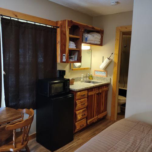 Cabin 1 Kitchenette with mini-fridge, microwave and coffee maker.