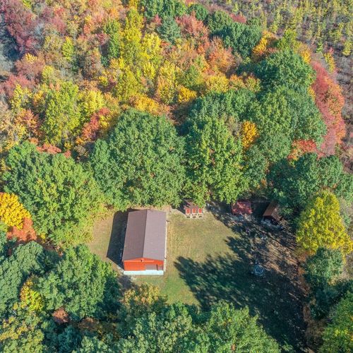 EXTERIOR:  Aerial view of the property.  The cabins and bathrooms are on the edge of the tree line.
