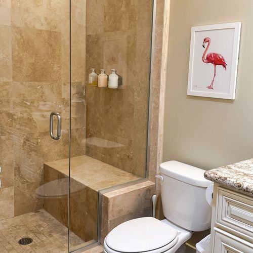 Spa-inspired shower with stone accents