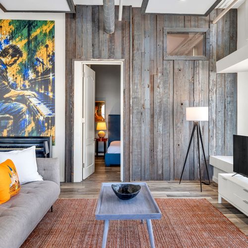 Jazz art on reclaimed wood  sets the tone
