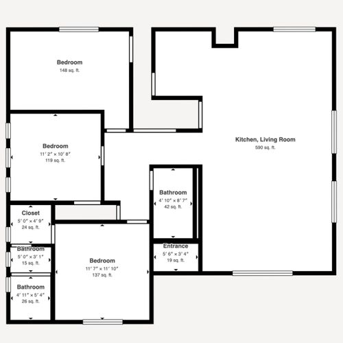 This single-level cottage features 3 comfortable bedrooms, 3 bathrooms, and a spacious open-concept kitchen and living area. The functional layout offers privacy for guests while providing plenty of space to gather and relax together.