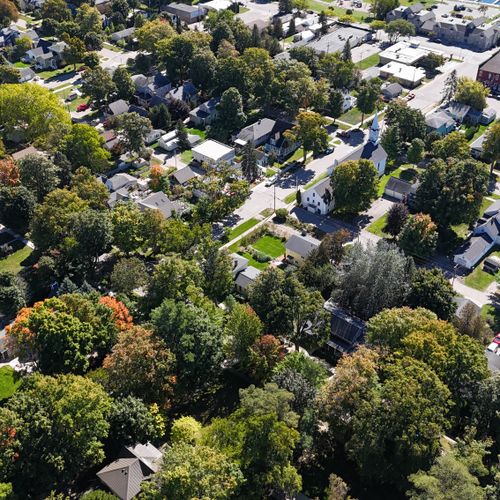 EXTERIOR:  Looking out from above the house towards downtown Frankfort, Betsie Bay, and Elberta.