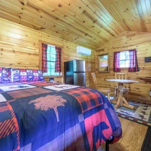 CABIN #1:  Cute little woodsy log cabin with a queen-size bed.  Mini-split unit included for heat and A/C.