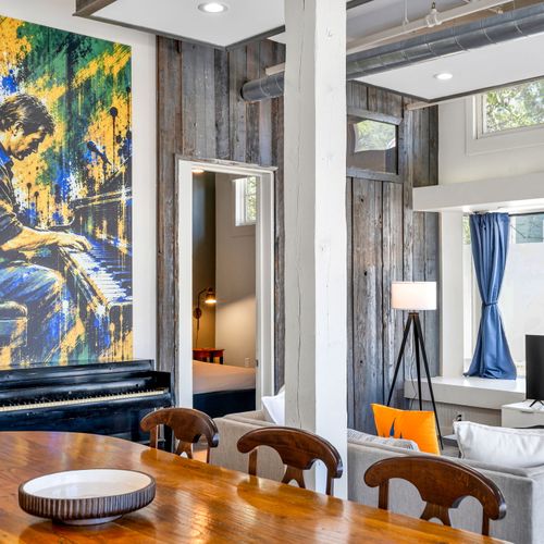 Rustic barnwood walls with a burst of color