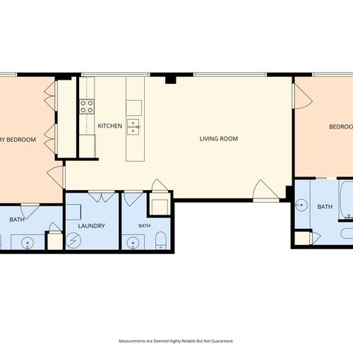 Single-level layout with living, kitchen, and bedrooms